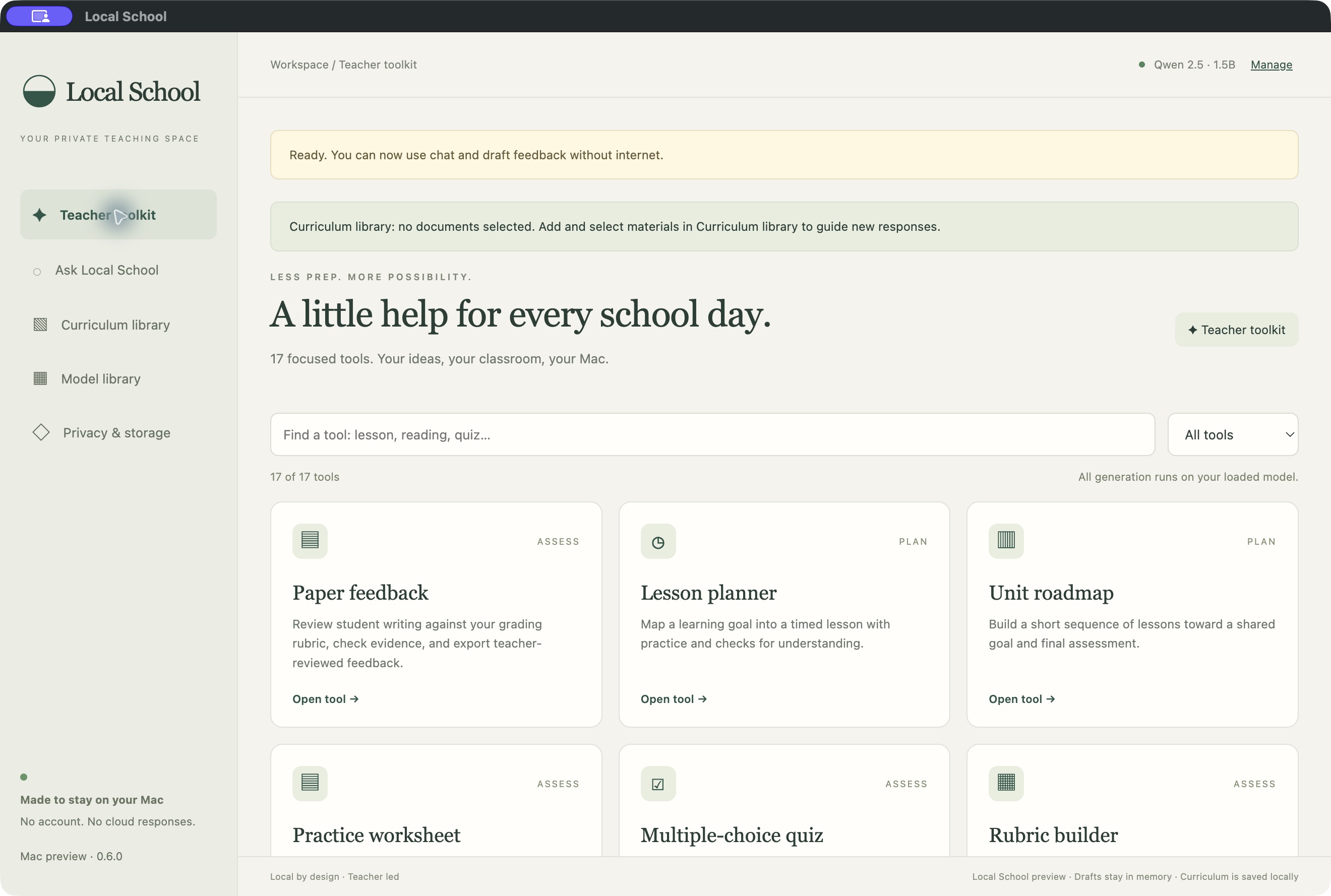 Local School's actual teacher toolkit showing Paper feedback, Lesson planner, Unit roadmap, and other teaching tools.